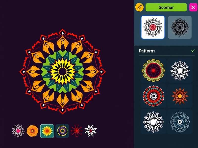 Heritage Mandala Maker gameplay screenshot showing colorful mandala designs